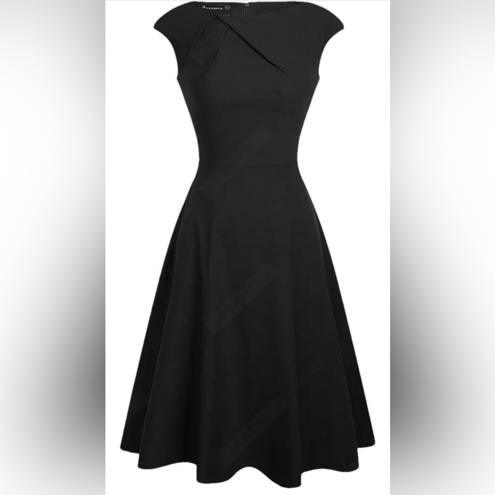 Homeyee Black Dress Ruched Cap Sleeve Office Party Fitted Skater A-Line Swing